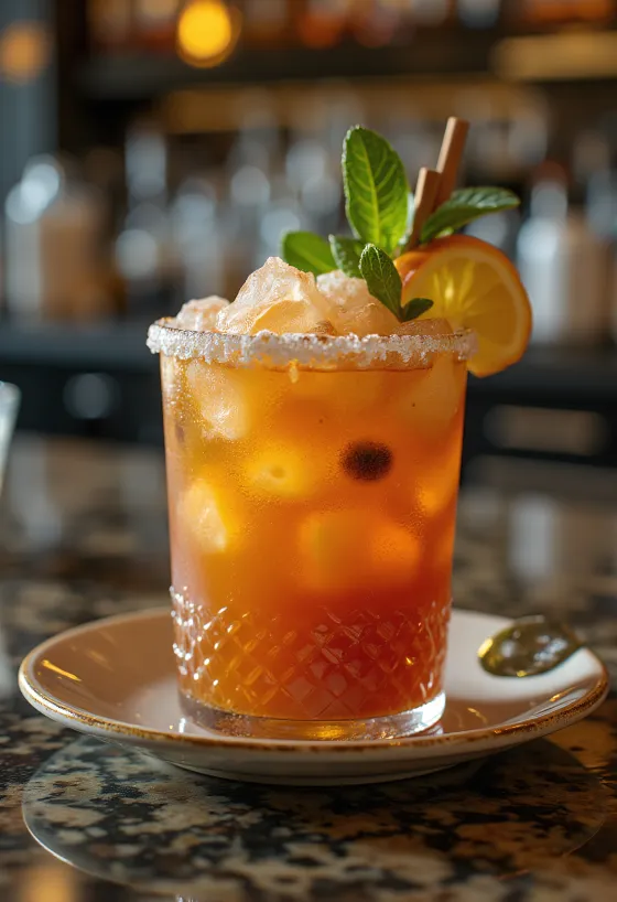 Zombie cocktail gegarneerd met muntblaadje en sinaasappelschijfje