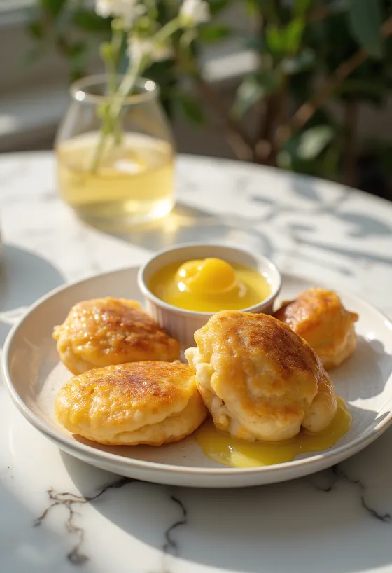 Æbleskiver met citroencrème, verse en bolle poffertjes, versierd met citroensaus