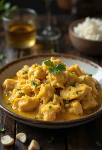 Ají de Gallina met knoflook, geserveerd met sappige kip en rijke saus.