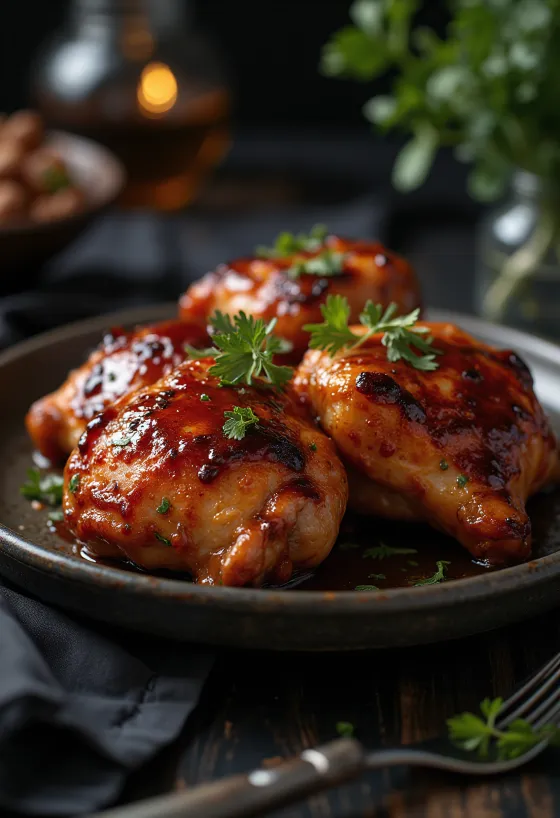 BBQ kippenbouten uit de oven, geserveerd met gebakken aardappelen