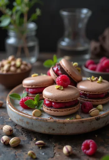 Geserveerde macarons met chocolade, framboos en pistache