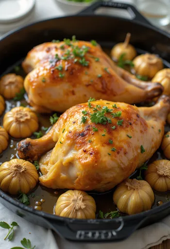 Kip met knoflook uit de oven, goudbruin gebakken en versierd met verse kruiden