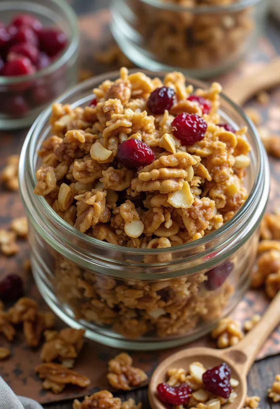 Huisgemaakte granola met knapperige havermout, noten en gedroogd fruit