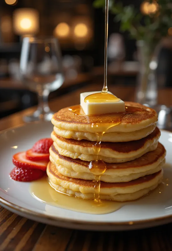 Hotcake geserveerd met ahornsiroop en fruit