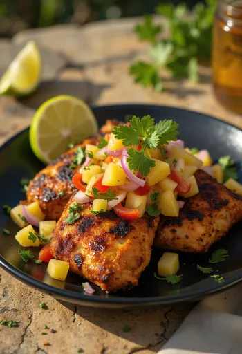 Jerk kip met ananassalsa, kleurrijk en vers geserveerd