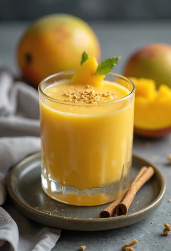 Vers mango lassi glas, versierd met koriander