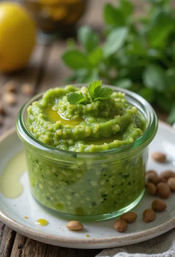 Romige preipesto in een lichte kom, besprenkeld met geroosterde pitten en olijfolie