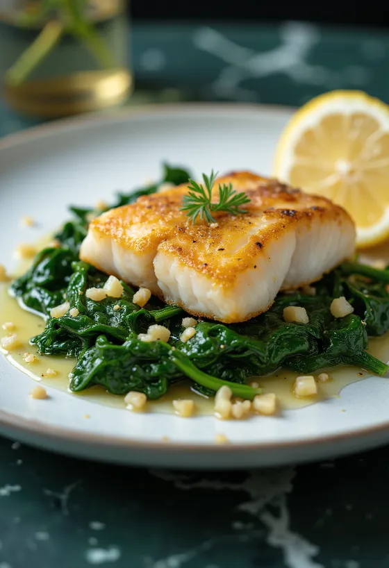 Gebakken vis met knoflookspinazie geserveerd