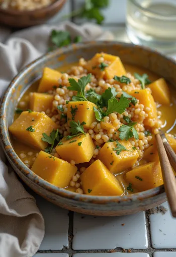 Pompoen-quinoawok met curry-tofu en tahin geserveerd