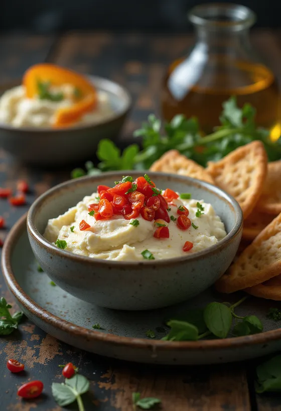 Vegan Tirokafteri, rijke vegan kaasdip geserveerd met pitabrood en groenten