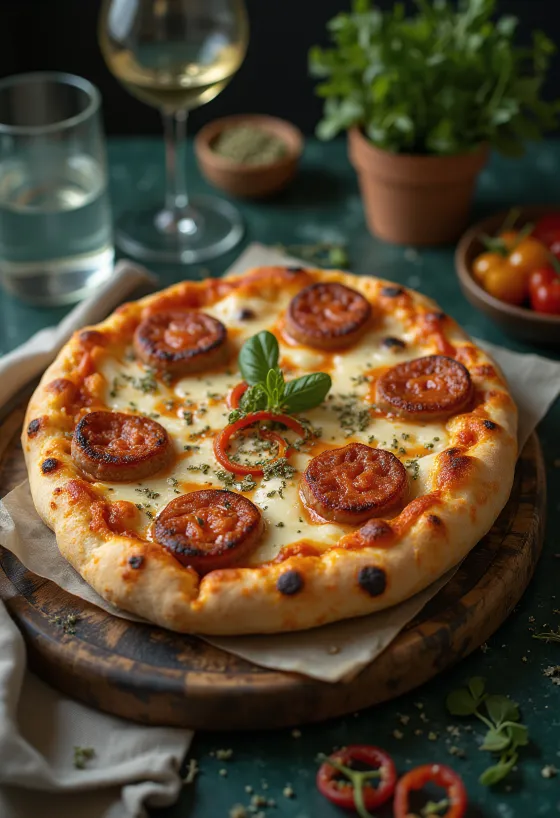 Vegan Pizza Diavola met plantaardige worst en chili