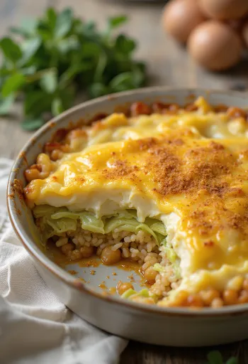 Vegan ovenschotel met groene kool geserveerd