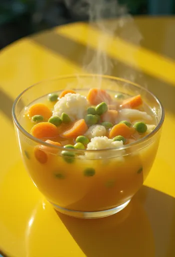 Verse groentesoep geserveerd met wortel, selderij en peterselie