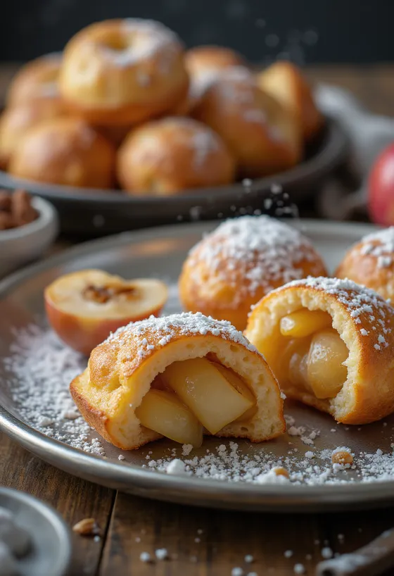 Æbleskiver met appel-kaneelvulling, goudbruin gebakken, bestrooid met poedersuiker