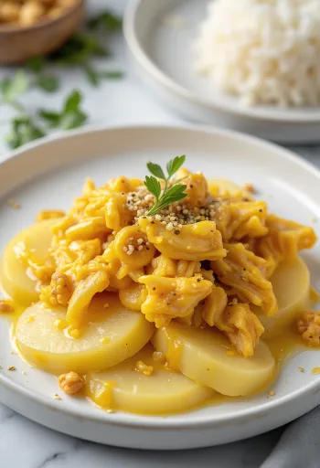 Ají de gallina zonder ei, kip met romige gele saus, geserveerd met rijst en aardappel