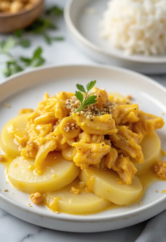 Ají de gallina zonder ei, kip met romige gele saus, geserveerd met rijst en aardappel