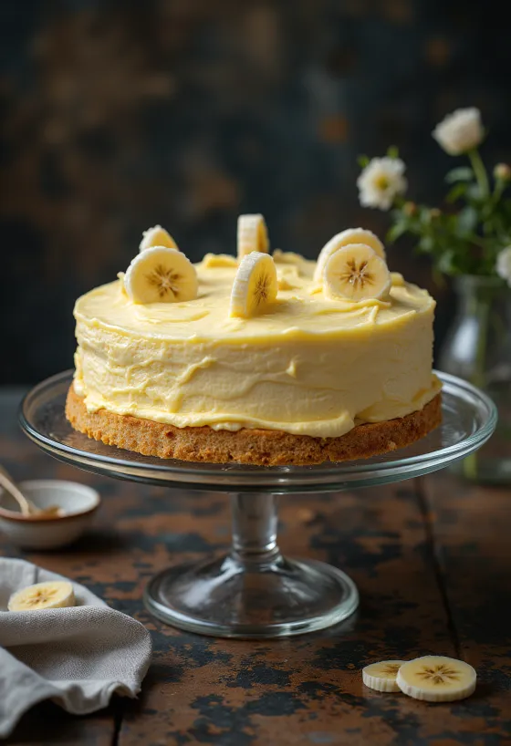 Banaan-roomtaart versierd met bananenschijfjes