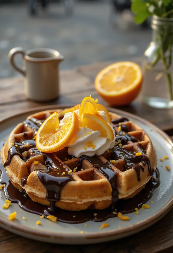 Belgische wafels met chocolade en sinaasappel geserveerd