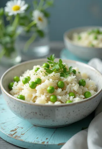 Rijst met doperwten geserveerd