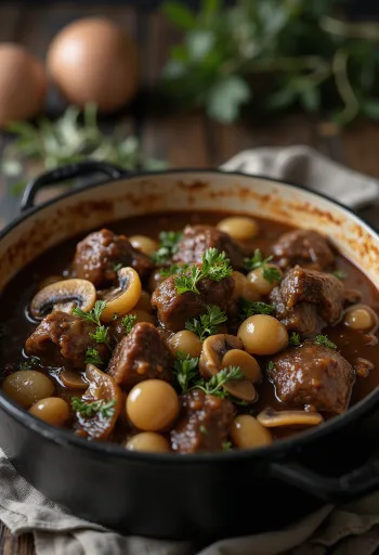 Boeuf Bourguignon geserveerd met verse tijm en brood
