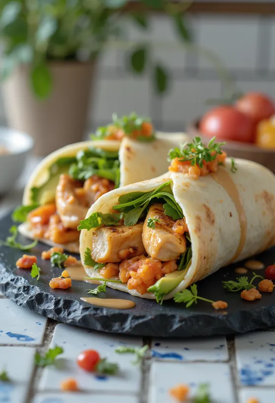 Fusion wrap gevuld met kimchi, avocado, gegrilde kip en geroosterde paprika