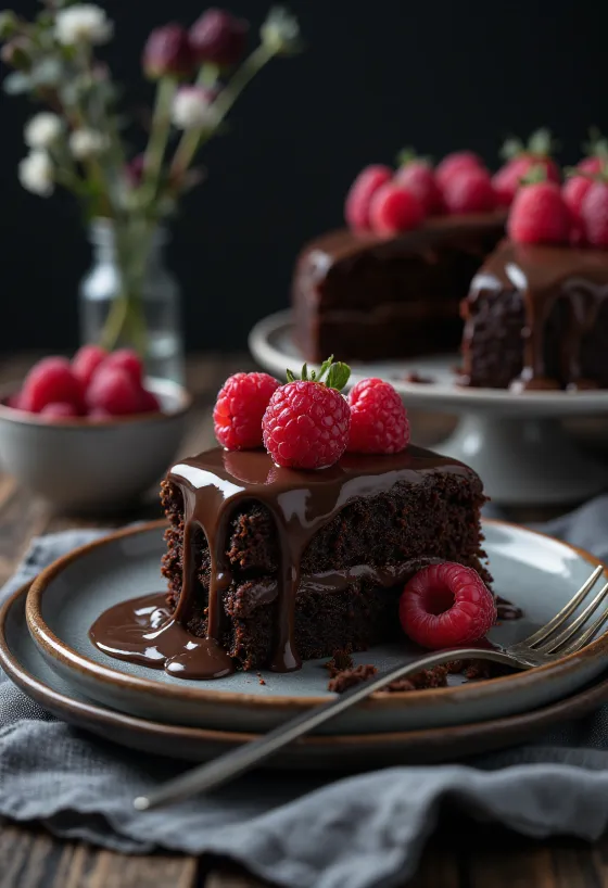 Frambozen-chocoladetaart in punten gesneden