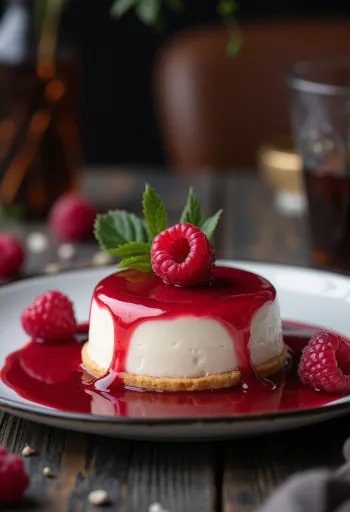 Panna cotta taart met frambozen en fruitdecoratie