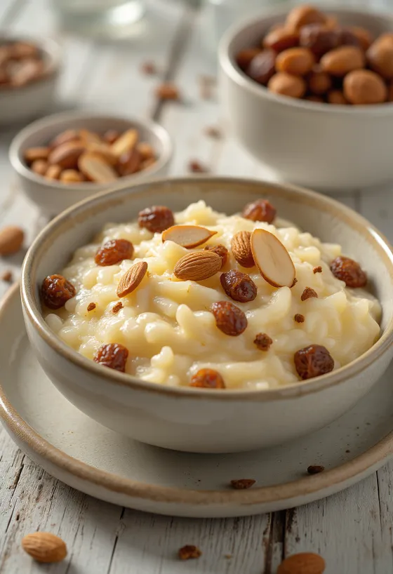 Kheer met rozijnen rijstpudding versierd met rozijnen en amandelen