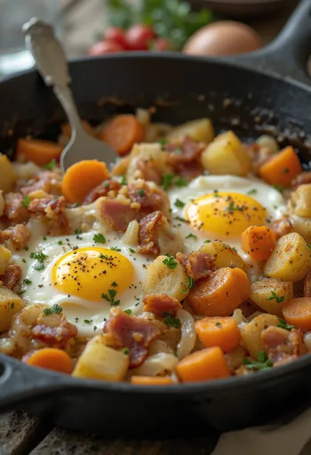 Pyttipanna met roomkaas geserveerd, met rijke groenten en verse peterselie