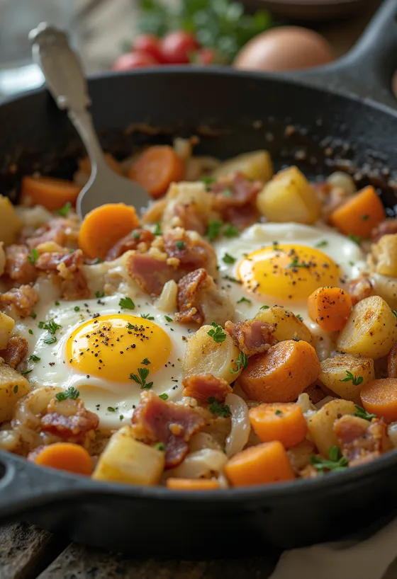 Pyttipanna met roomkaas geserveerd, met rijke groenten en verse peterselie
