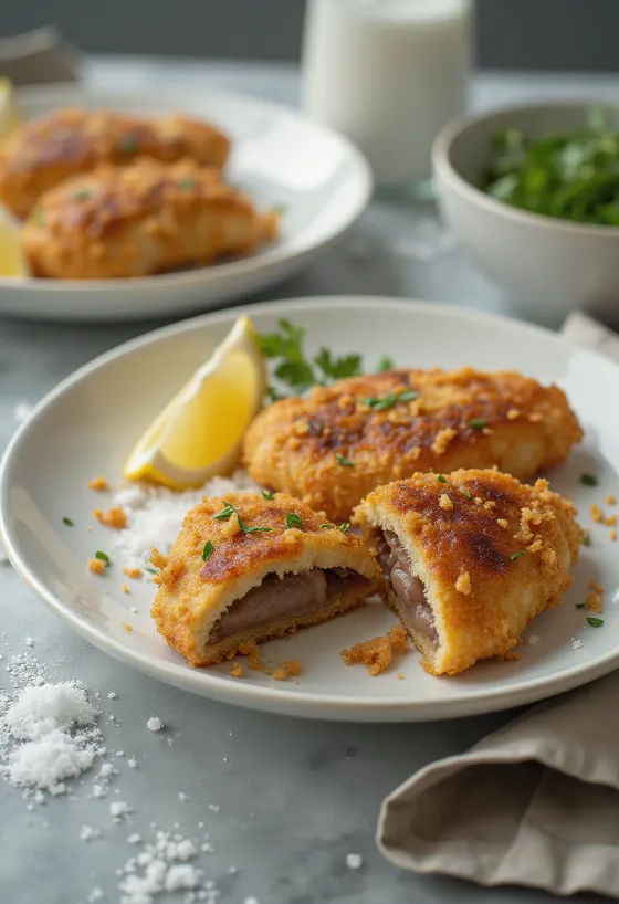 Krokante gepaneerde varkenslever goudbruin gebakken, geserveerd met verse salade