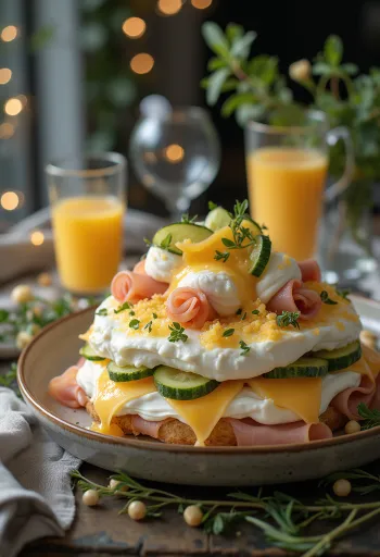 Smörgåstårta met ham en kaas, versierd met verse groenten