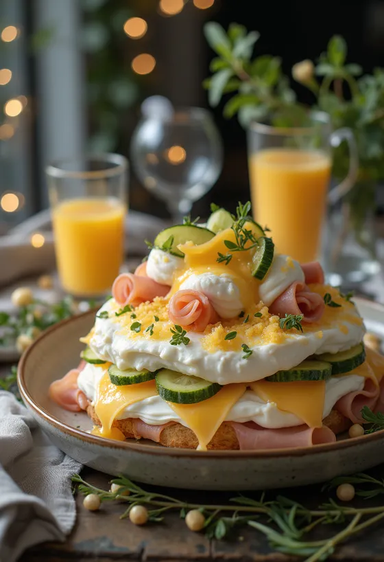 Smörgåstårta met ham en kaas, versierd met verse groenten
