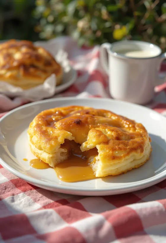 Æbleskiver gevuld met karamelcrème, goudbruin gebakken, bestrooid met poedersuiker