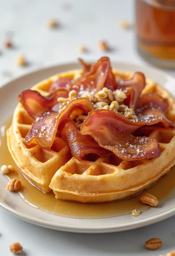 Belgisch-Amerikaanse wafels met ahornsiroop en spek