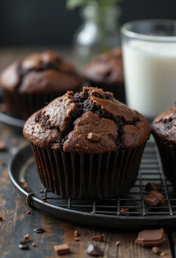 Chocolademuffin met zacht deeg en gesmolten stukjes chocolade binnenin