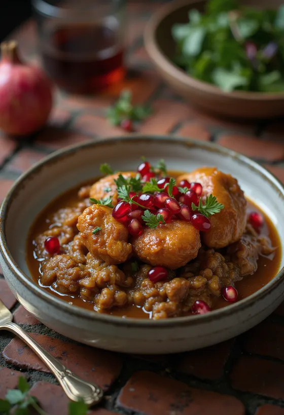 Fesenjoon met kip geserveerd, met granaatappelpitjes en rijst