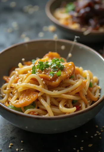 Japchae met knoflook geserveerd, met zoete aardappelnoedels en groenten