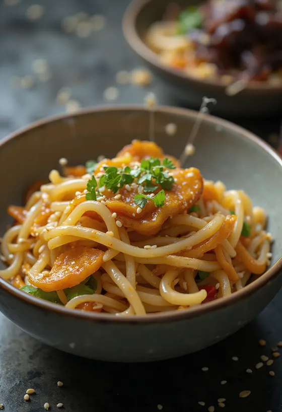Japchae met knoflook geserveerd, met zoete aardappelnoedels en groenten