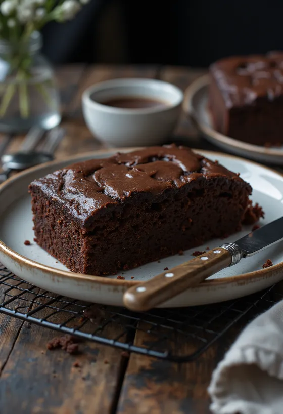 Klassieke chocoladetaart geserveerd