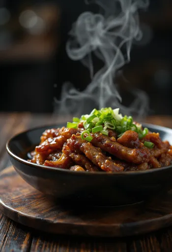 Mongolian beef in sojasaus, geserveerd met lente-ui