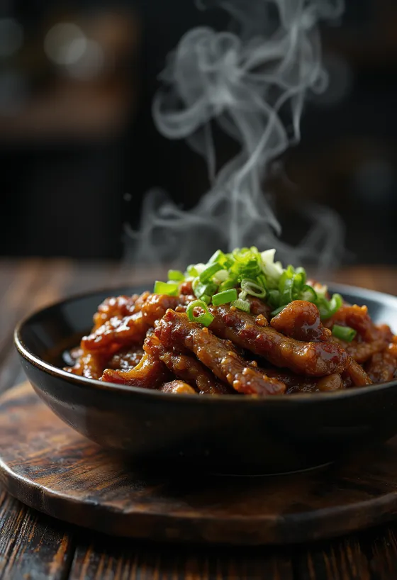 Mongolian beef in sojasaus, geserveerd met lente-ui