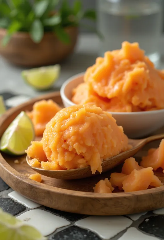 Huisgemaakte papayasorbet, verfrissend dessert