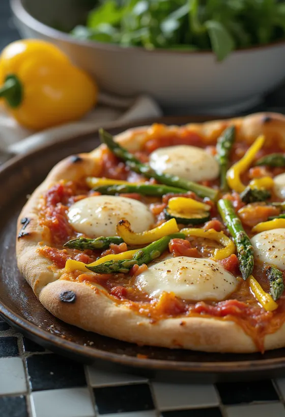Pizza Primavera met lentegroenten en basilicum