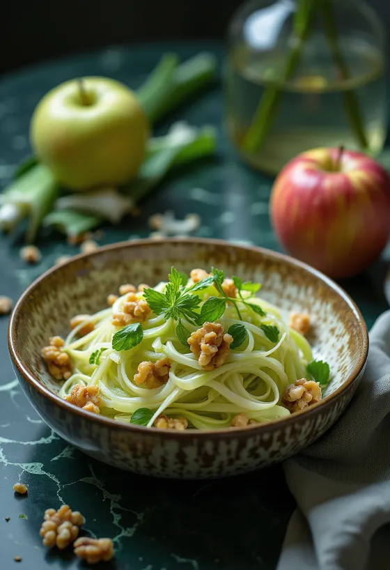 Prei-appelsalade bestrooid met walnoten, geserveerd in een keramische kom