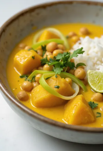 Prebiotische groentecurry met prei geserveerd met verse koriander