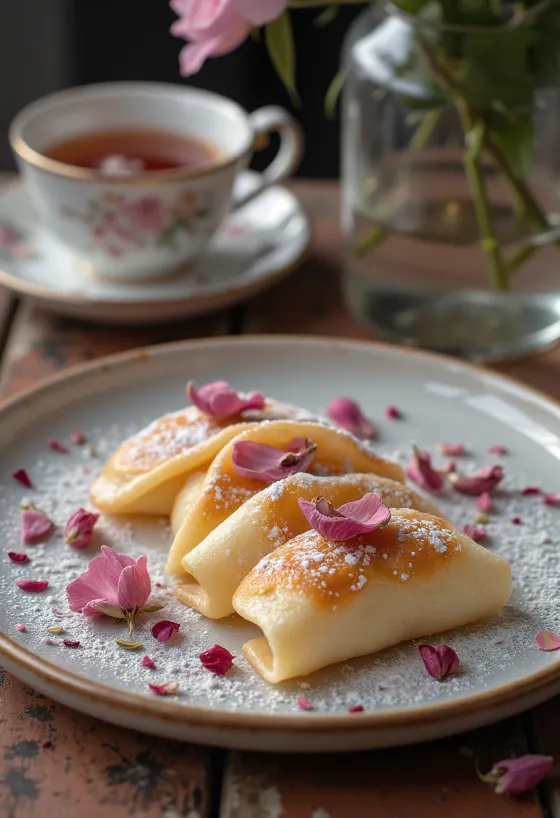 Pannenkoeken met rozenwater geserveerd
