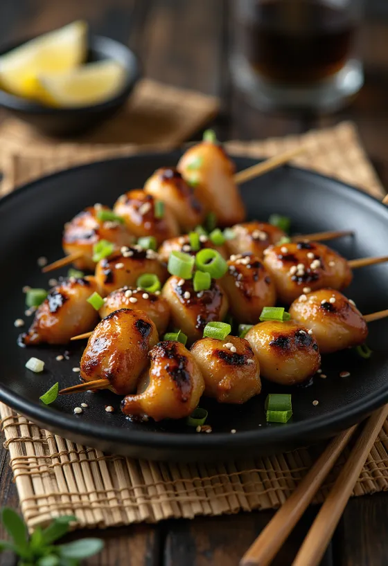 Sunagimo yakitori met kippenmaagjes, geserveerd met sesamzaad en lente-ui