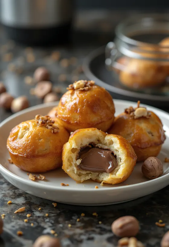 Æbleskiver gevuld met Nutella, goudbruin gebakken, bestrooid met poedersuiker