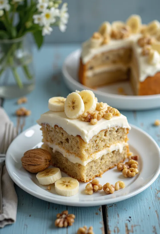 Banaan-walnoot roomtaart versierd met verse bananenschijfjes en walnoten
